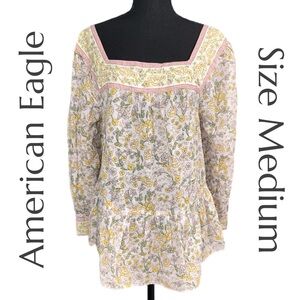 American Eagle - Floral Peasant Blouse - 100% Cotton Boho Top - Size Medium